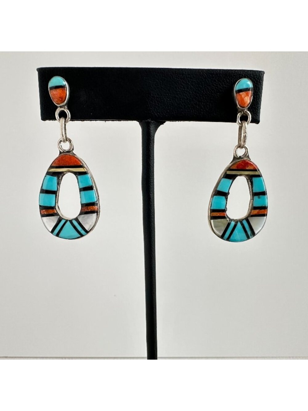 Zuni Sterling Silver Inlay Teardrop Dangle Earrings Turquoise Spiny Oyster Onyx